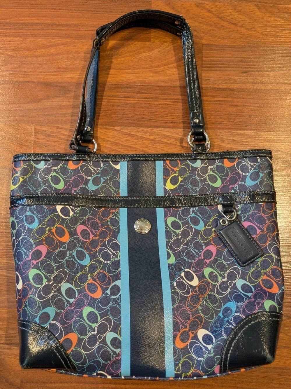 Coach Y2K Multicolor Signature C Tote Bag Black Teal Stripe 2007 Purse